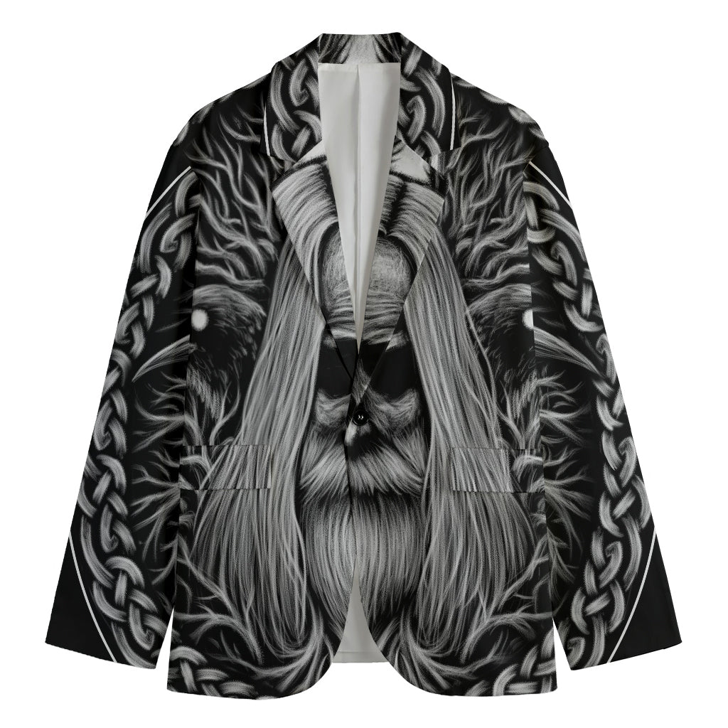 Black And White Odin With Crows Print Men's Cotton Blazer