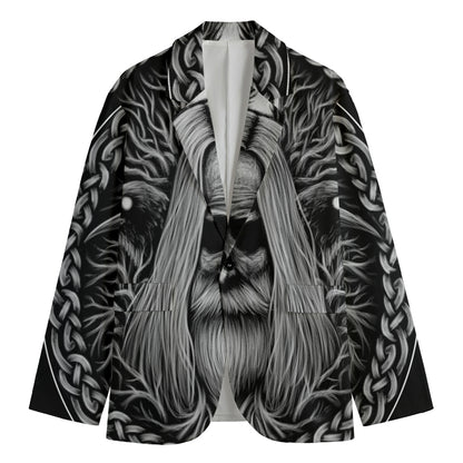 Black And White Odin With Crows Print Men's Cotton Blazer