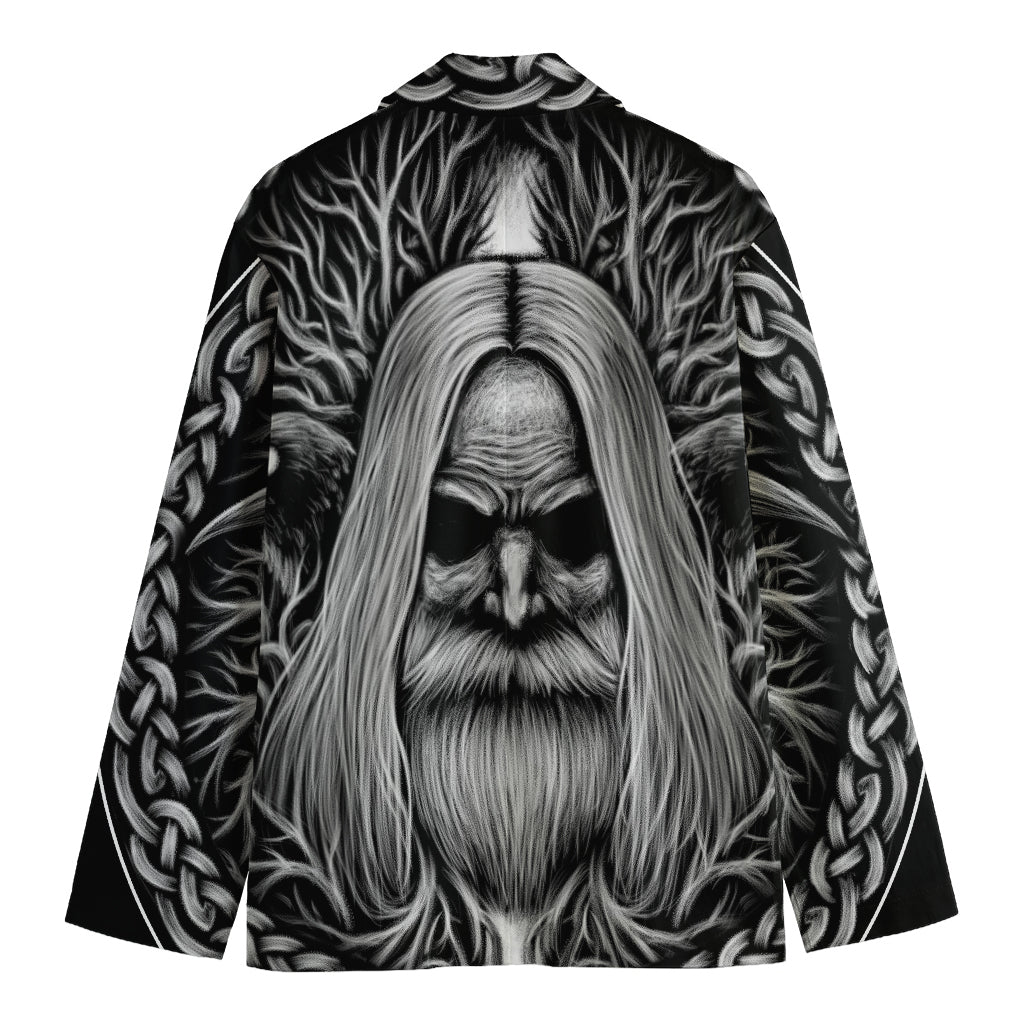 Black And White Odin With Crows Print Men's Cotton Blazer