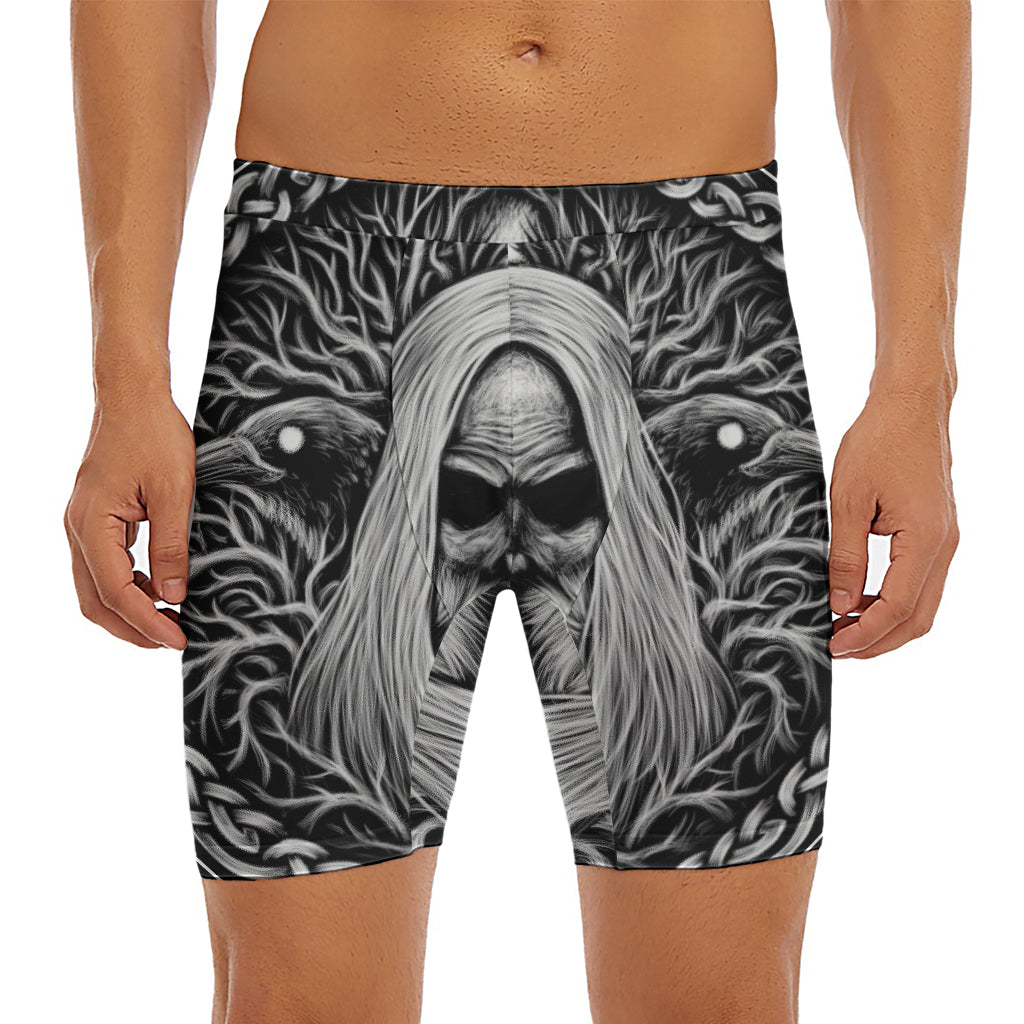 Black And White Odin With Crows Print Men's Long Boxer Briefs