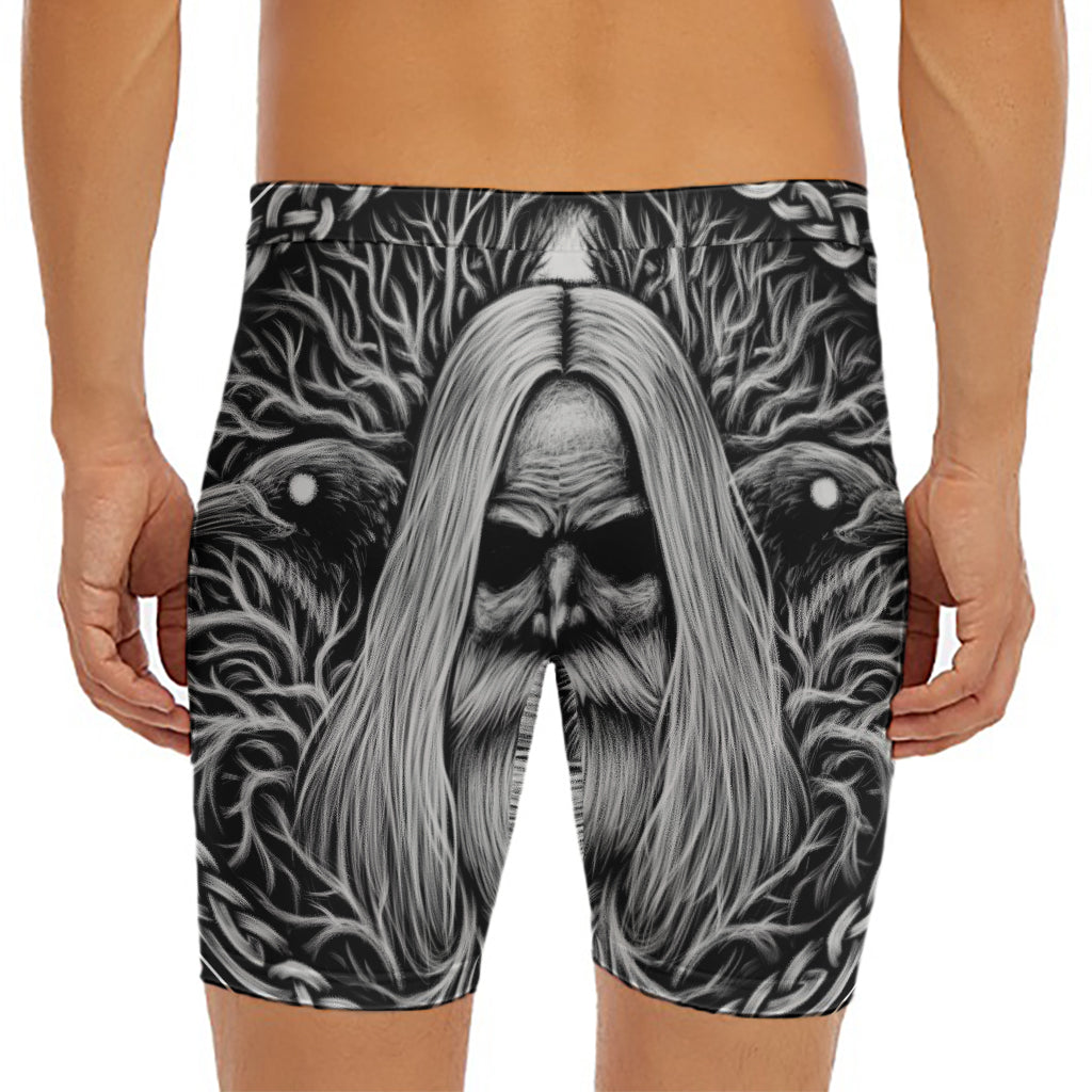 Black And White Odin With Crows Print Men's Long Boxer Briefs