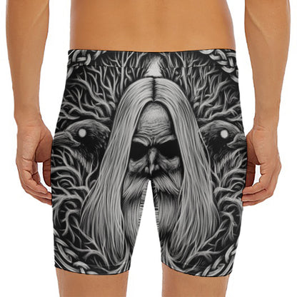 Black And White Odin With Crows Print Men's Long Boxer Briefs