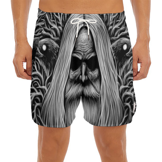 Black And White Odin With Crows Print Men's Split Running Shorts