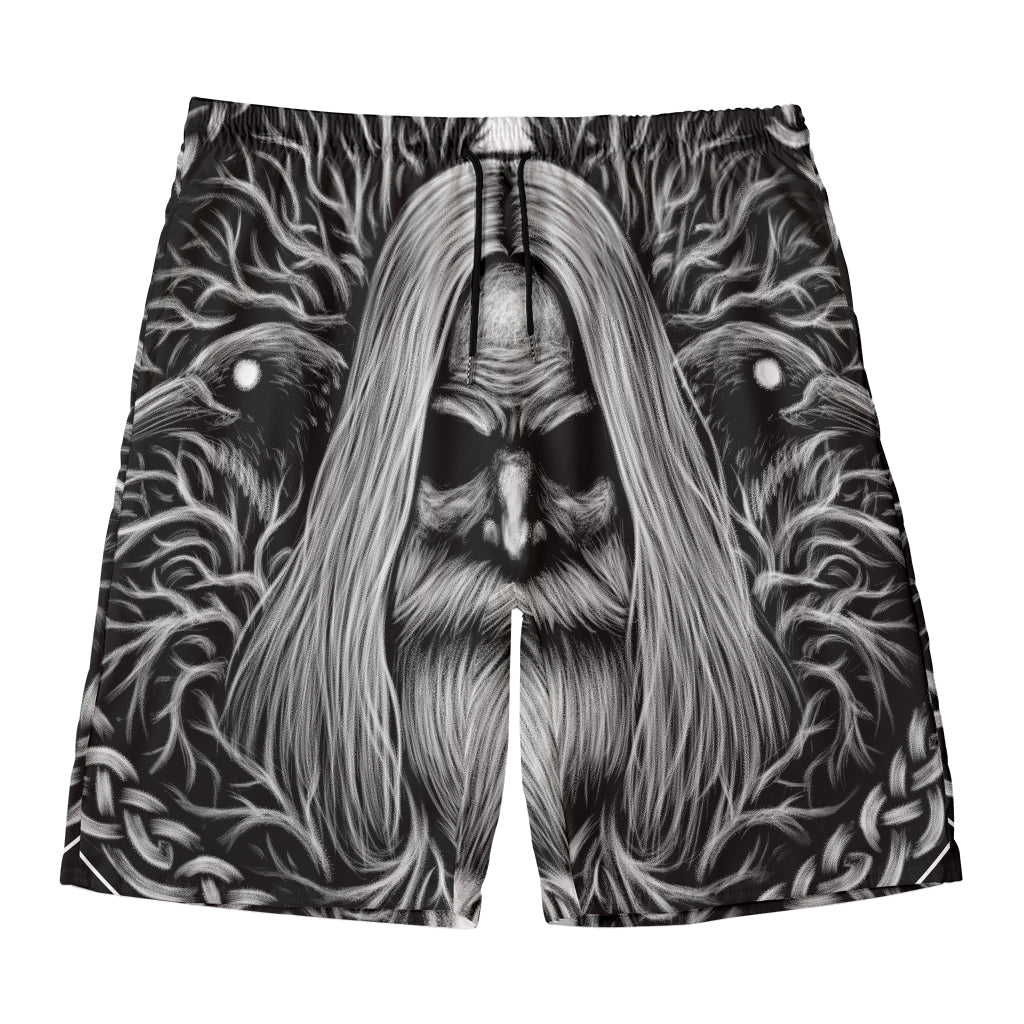 Black And White Odin With Crows Print Men's Swim Trunks