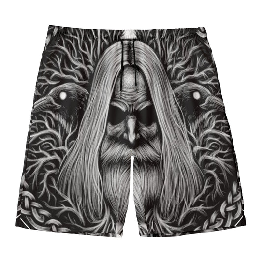Black And White Odin With Crows Print Men's Swim Trunks
