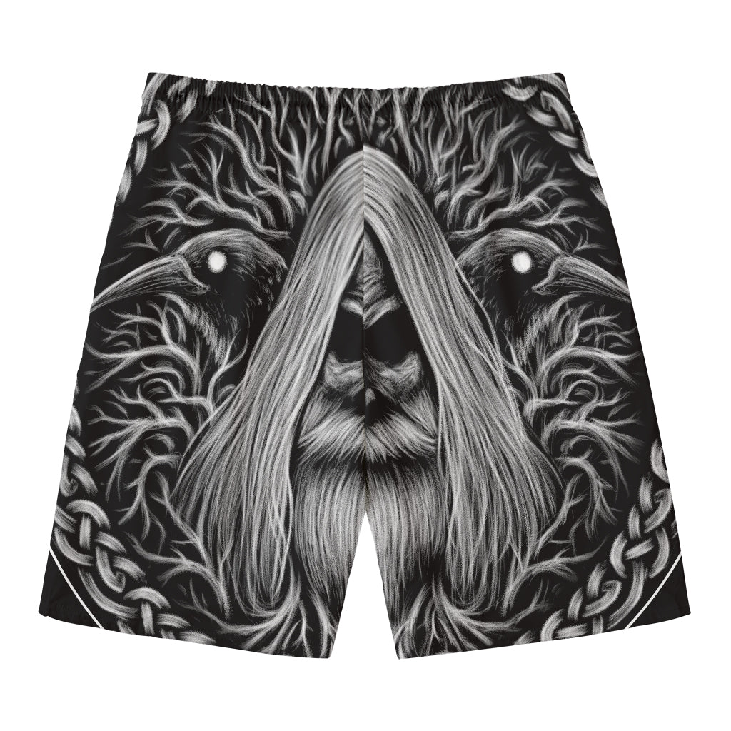 Black And White Odin With Crows Print Men's Swim Trunks