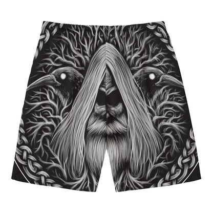 Black And White Odin With Crows Print Men's Swim Trunks