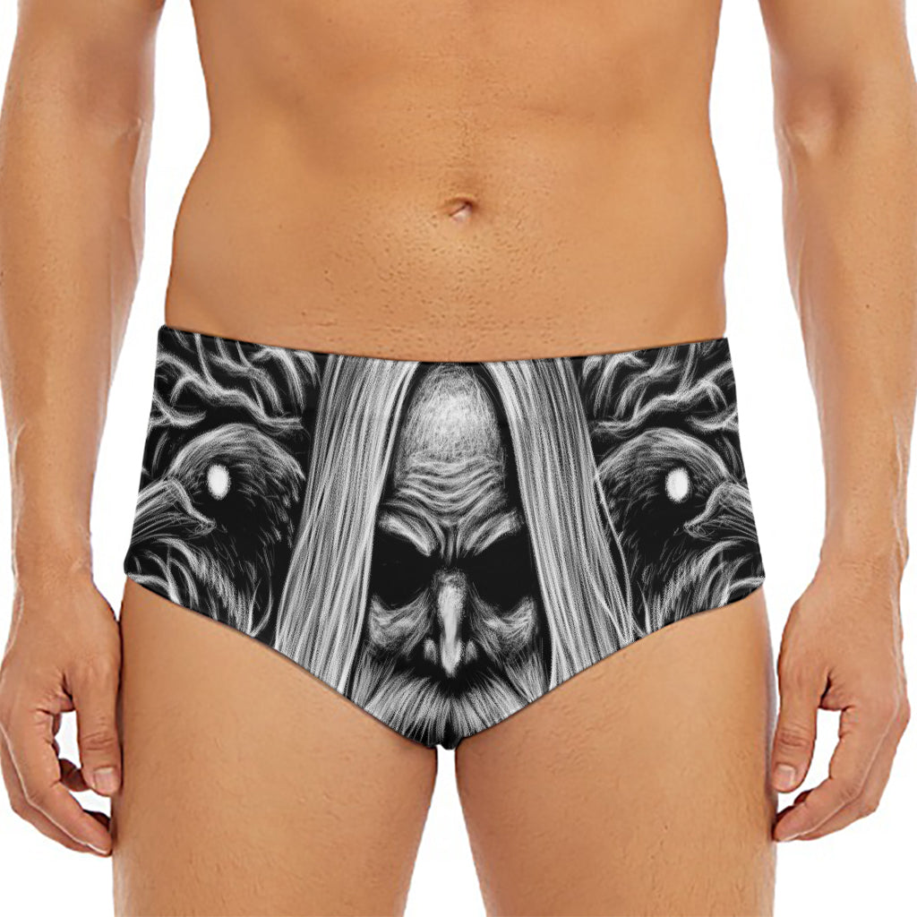 Black And White Odin With Crows Print Men's Triangle Swim Briefs