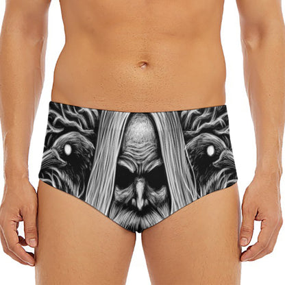 Black And White Odin With Crows Print Men's Triangle Swim Briefs