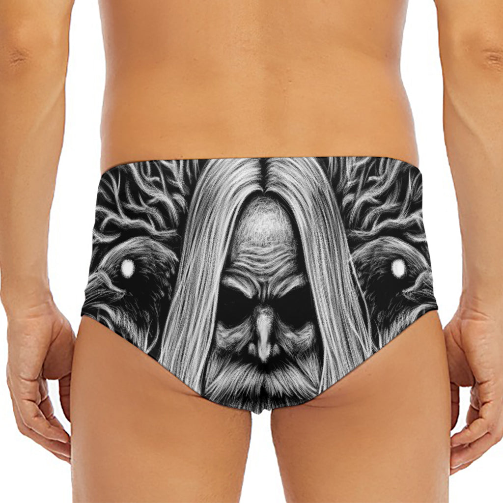 Black And White Odin With Crows Print Men's Triangle Swim Briefs