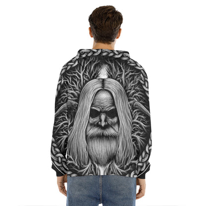 Black And White Odin With Crows Print Men's Velvet Pullover Hoodie