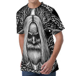 Black And White Odin With Crows Print Men's Velvet T-Shirt
