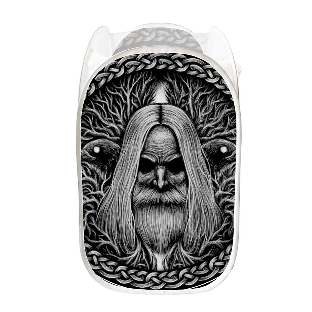 Black And White Odin With Crows Print Mesh Laundry Hamper