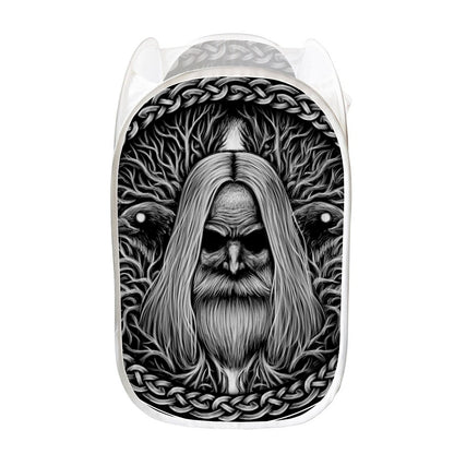 Black And White Odin With Crows Print Mesh Laundry Hamper