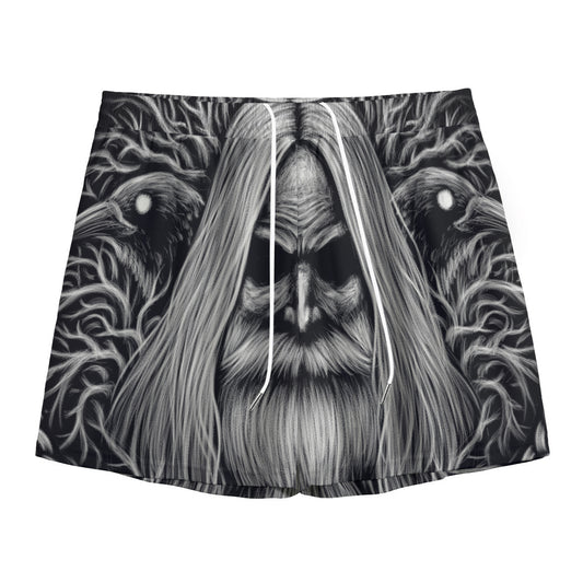 Black And White Odin With Crows Print Mesh Shorts