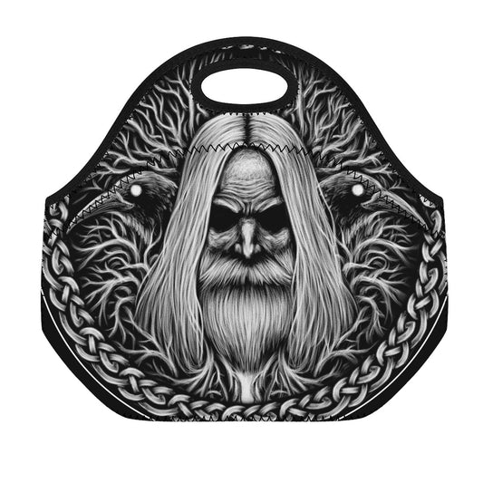 Black And White Odin With Crows Print Neoprene Lunch Bag