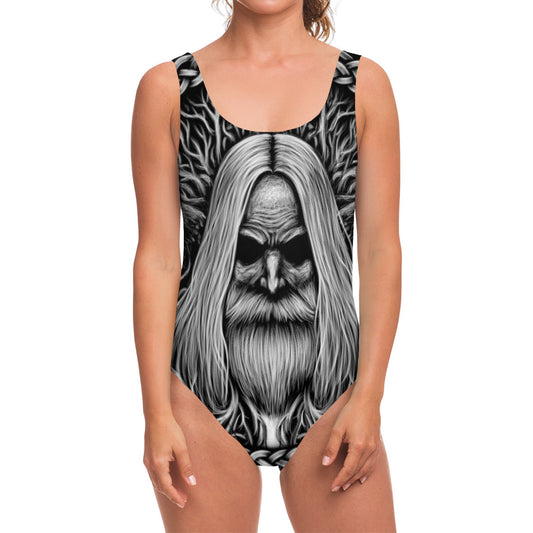 Black And White Odin With Crows Print One Piece Swimsuit