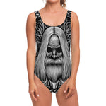 Black And White Odin With Crows Print One Piece Swimsuit