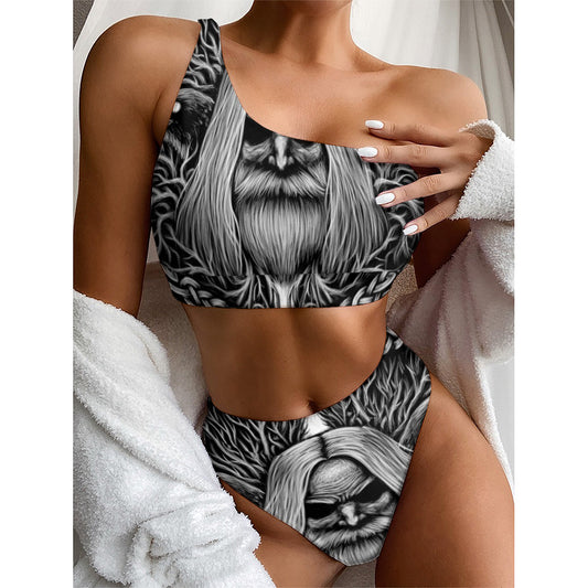 Black And White Odin With Crows Print One Shoulder Bikini Top