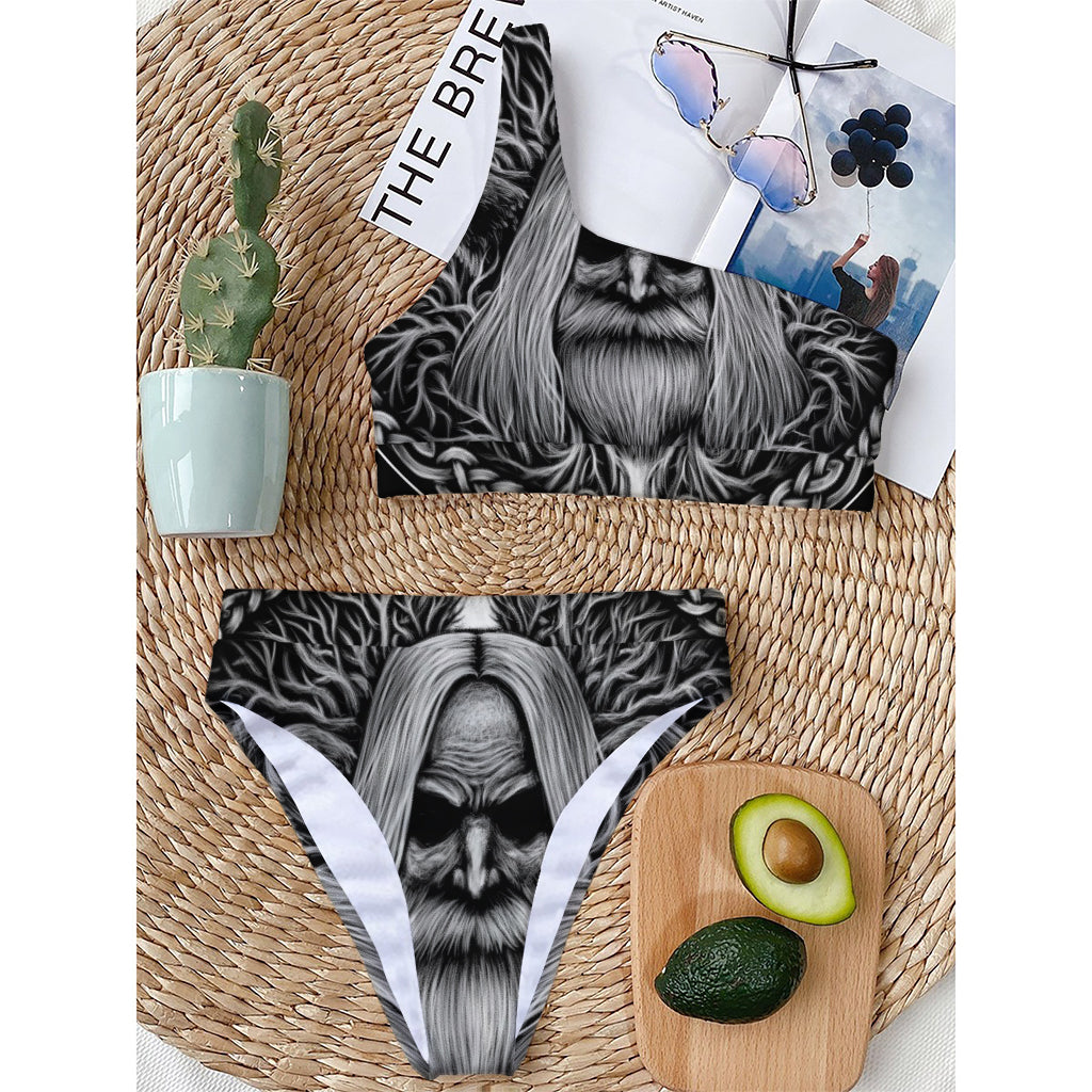 Black And White Odin With Crows Print One Shoulder Bikini Top