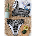 Black And White Odin With Crows Print One Shoulder Bikini Top