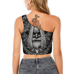 Black And White Odin With Crows Print One Shoulder Crop Top