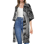 Black And White Odin With Crows Print Open Front Beach Cover Up