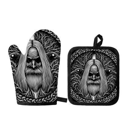 Black And White Odin With Crows Print Oven Mitt And Pot Holder Set