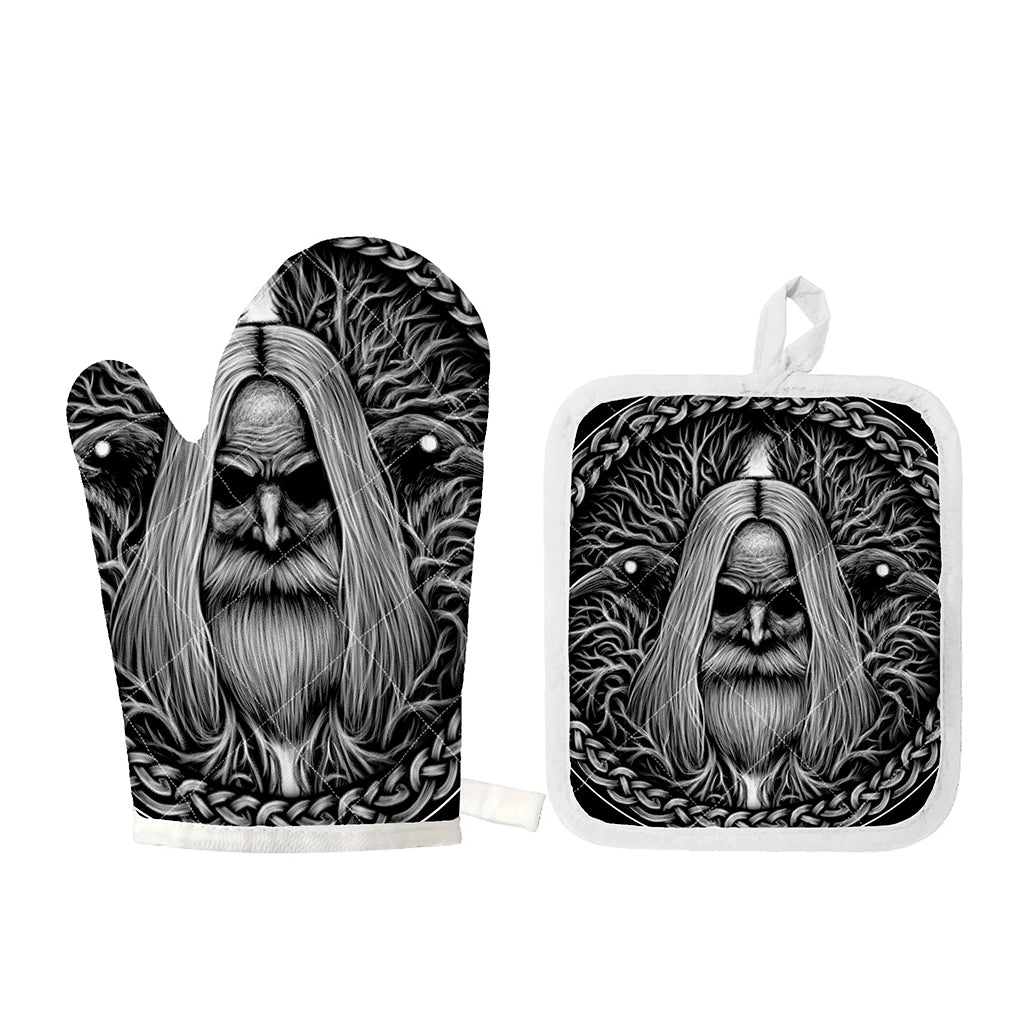 Black And White Odin With Crows Print Oven Mitt And Pot Holder Set