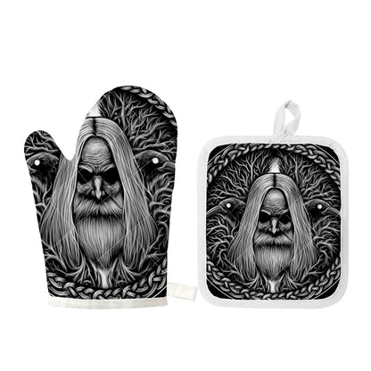 Black And White Odin With Crows Print Oven Mitt And Pot Holder Set