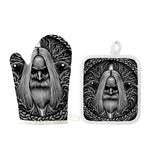 Black And White Odin With Crows Print Oven Mitt And Pot Holder Set