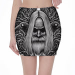 Black And White Odin With Crows Print Pencil Mini Skirt