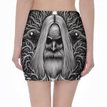 Black And White Odin With Crows Print Pencil Mini Skirt