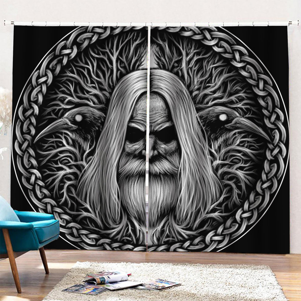 Black And White Odin With Crows Print Pencil Pleat Curtains
