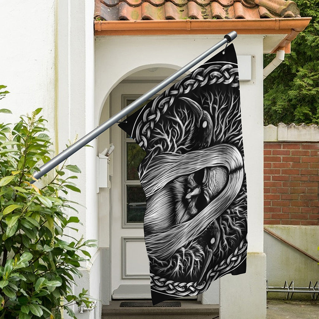 Black And White Odin With Crows Print Polyester Flag