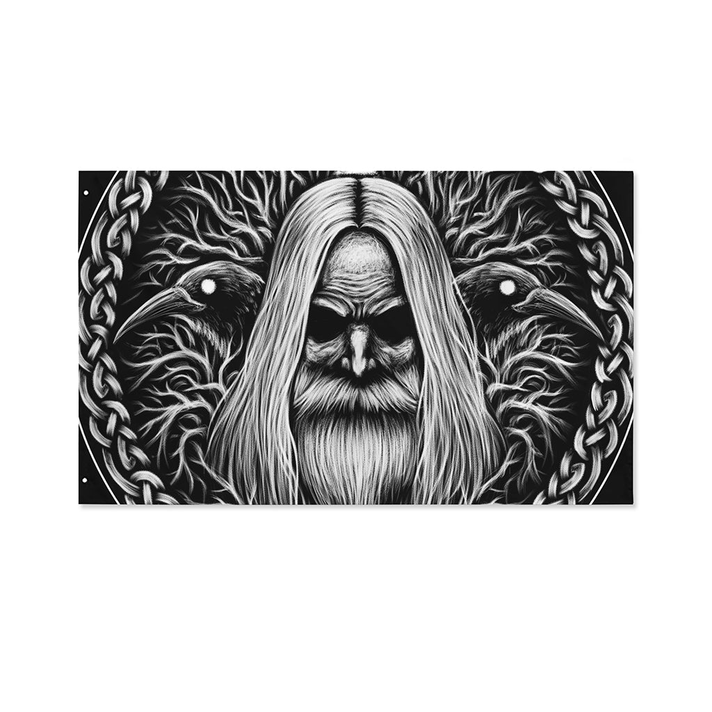 Black And White Odin With Crows Print Polyester Flag