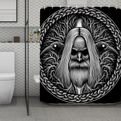 Black And White Odin With Crows Print Polyester Shower Curtain