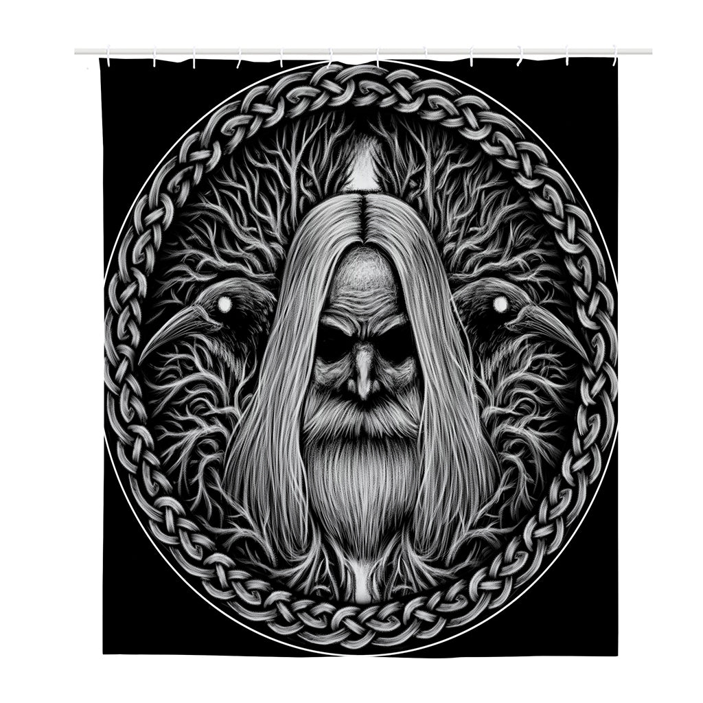 Black And White Odin With Crows Print Polyester Shower Curtain