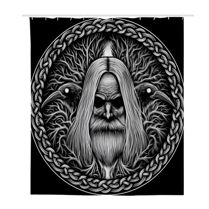 Black And White Odin With Crows Print Polyester Shower Curtain