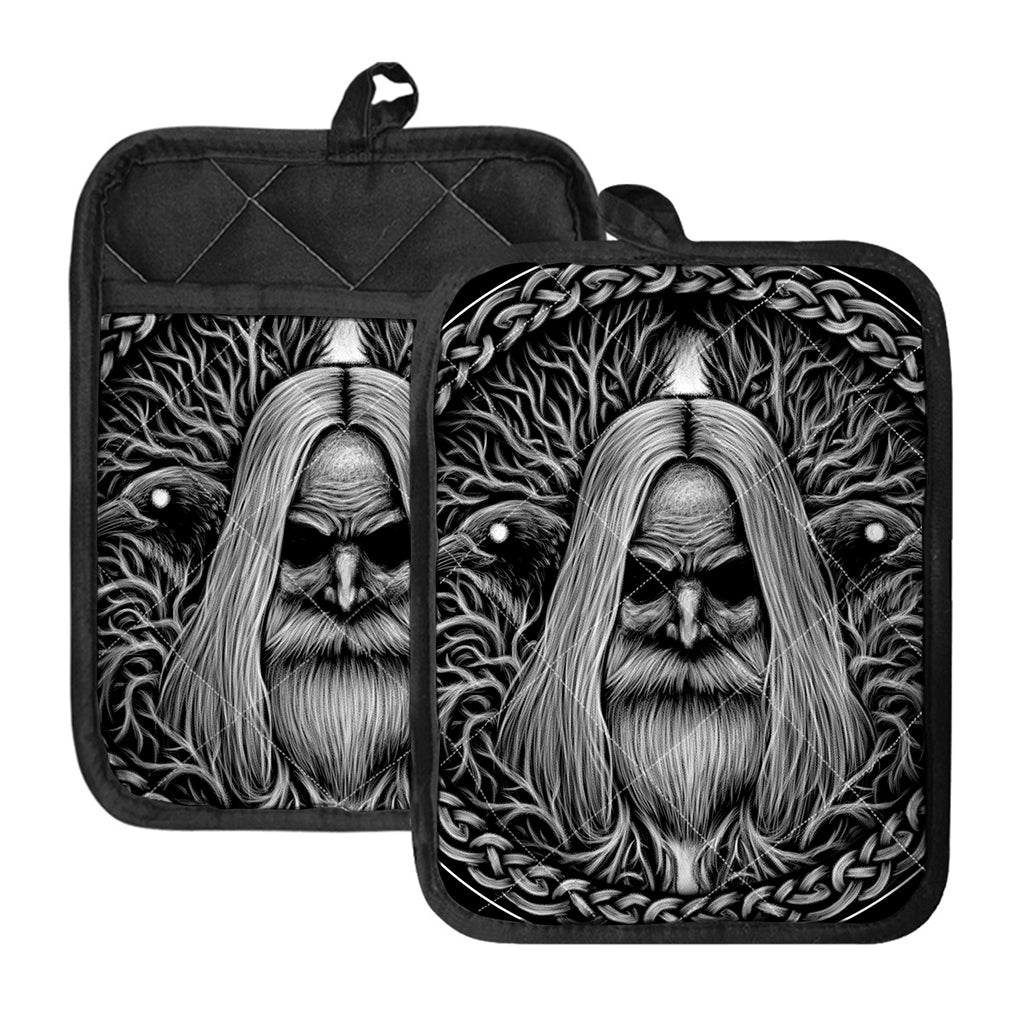 Black And White Odin With Crows Print Pot Holders With Pocket