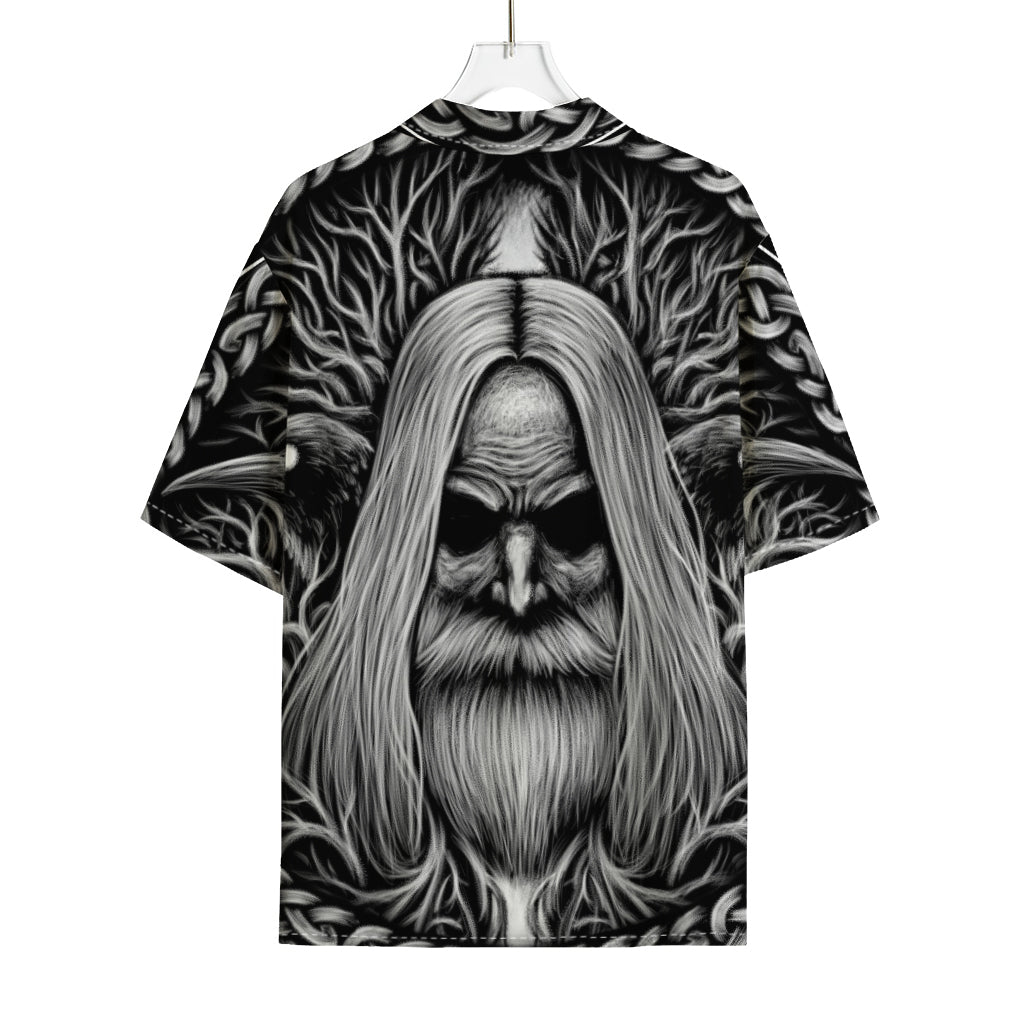 Black And White Odin With Crows Print Rayon Hawaiian Shirt