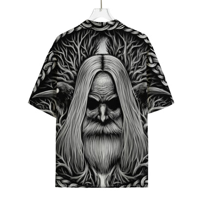Black And White Odin With Crows Print Rayon Hawaiian Shirt