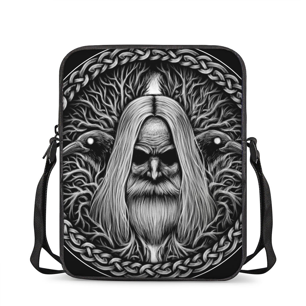 Black And White Odin With Crows Print Rectangular Crossbody Bag