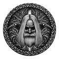Black And White Odin With Crows Print Round Blanket