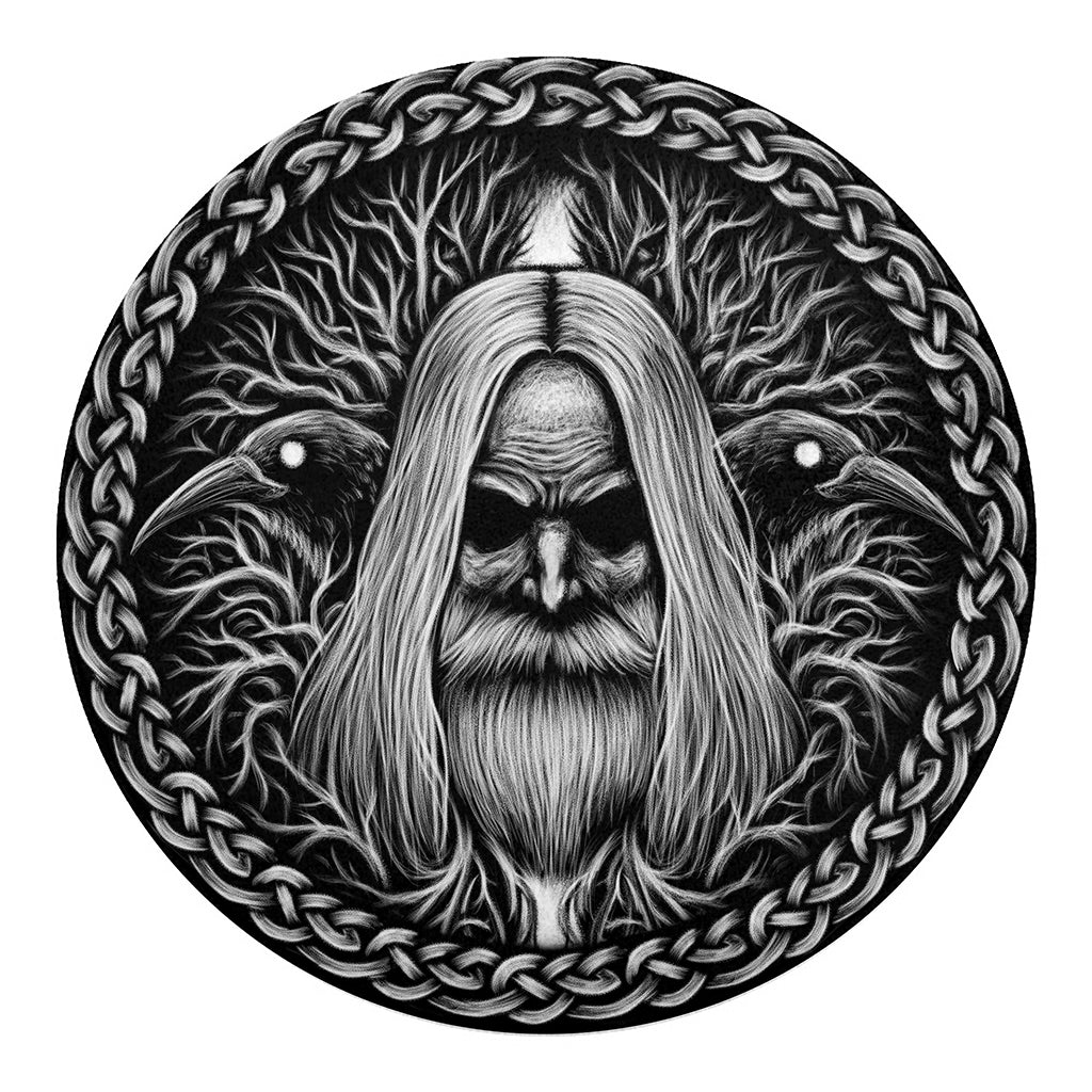 Black And White Odin With Crows Print Round Blanket