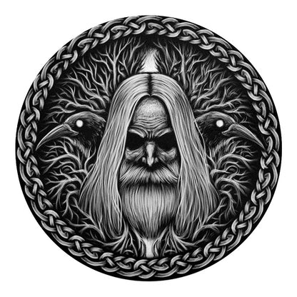 Black And White Odin With Crows Print Round Blanket