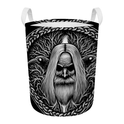 Black And White Odin With Crows Print Round Laundry Basket