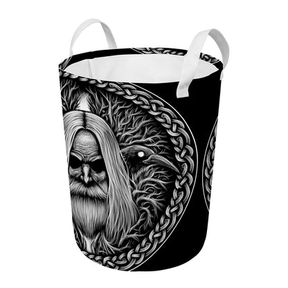 Black And White Odin With Crows Print Round Laundry Basket