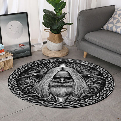 Black And White Odin With Crows Print Round Rug