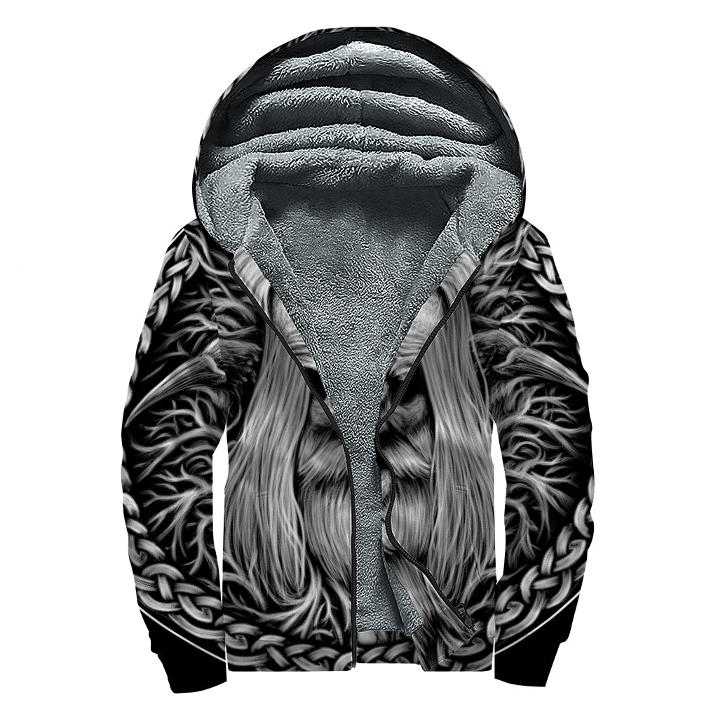Black And White Odin With Crows Print Sherpa Lined Zip Up Hoodie